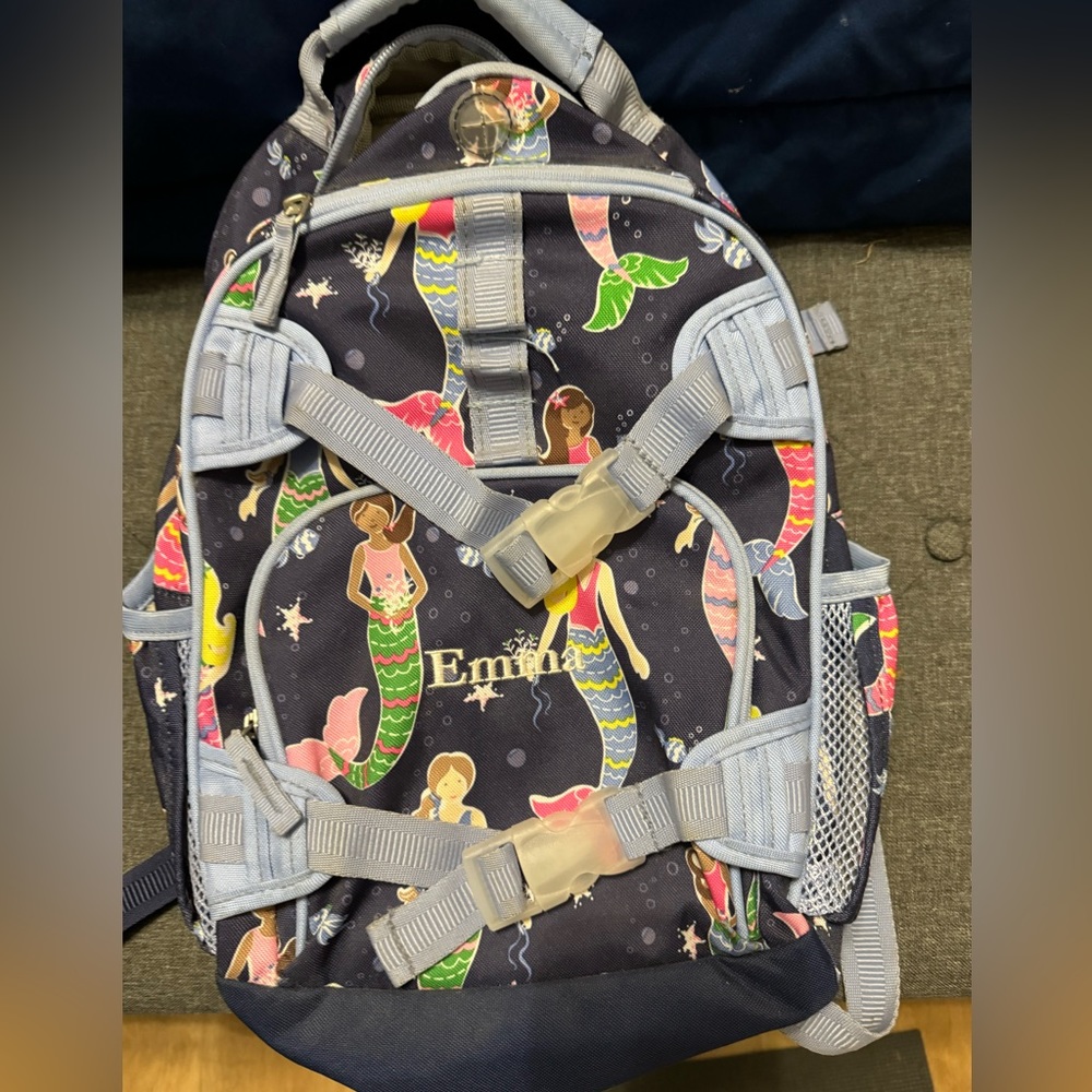 Pottery Barn Kids Backpack with “Emma” embroidered. Mermaid pattern.